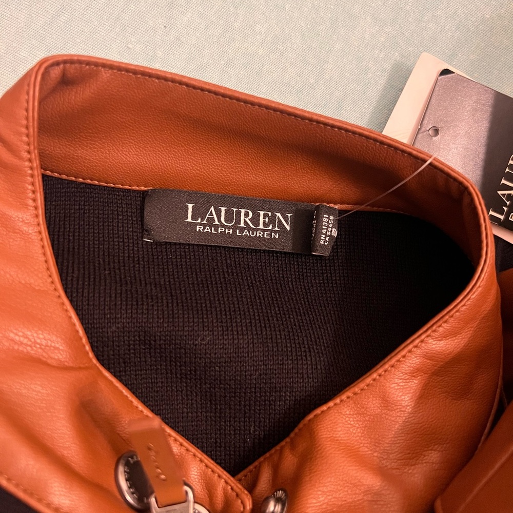 NEW RALPH LAUREN Cotton-blend Zip-up Moto Jacket In Polo Black/ Cuoio - Picture 4 of 14